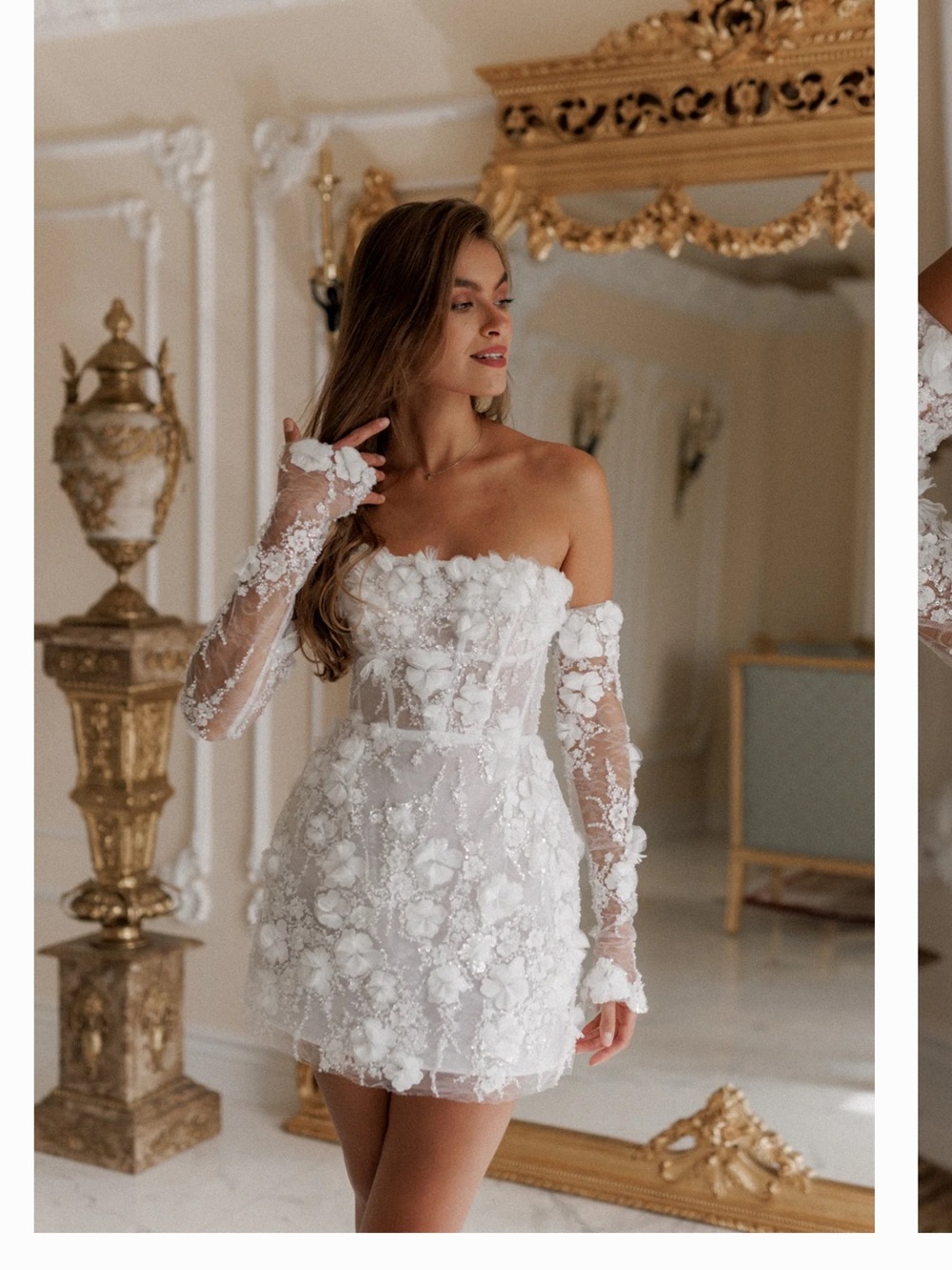 Rosie Etienne Isabelle White Strapless Floral Appliqué Mini Dress with Gloves